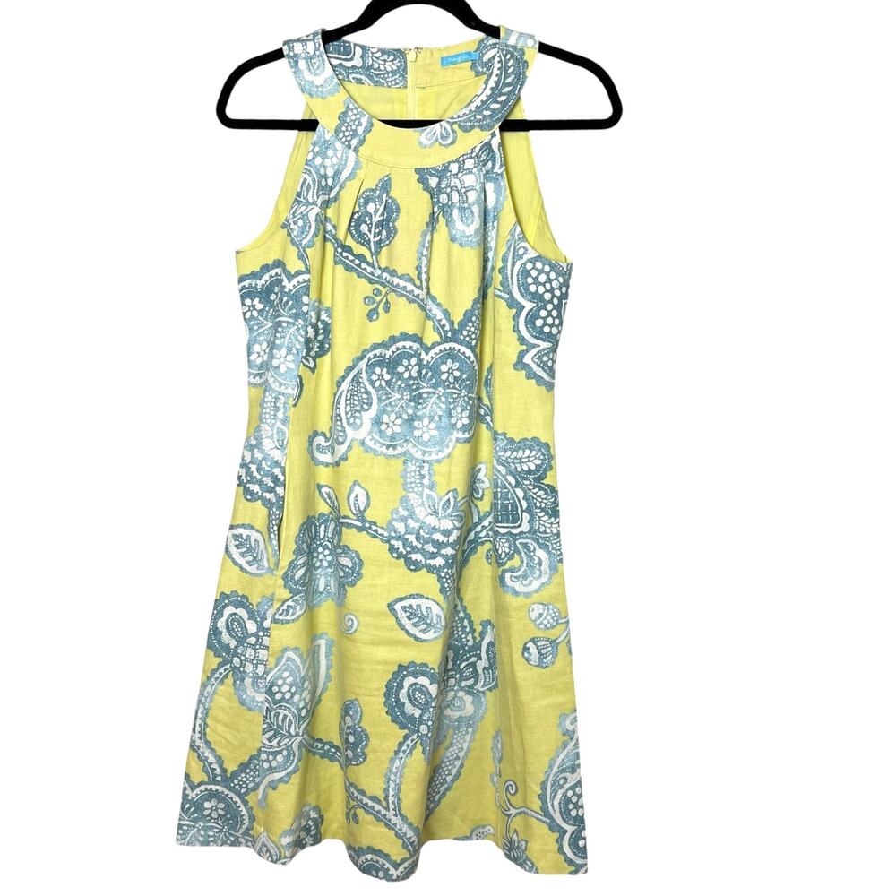 J. McLaughlin Linen Sheath Dress Yellow Blue Floral Sz 4 Coastal Cottage
